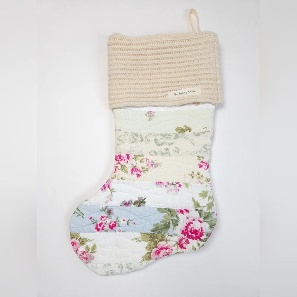 Upcycled Quilted Shabby Chic Christmas Stocking Ivory and Pink Floral